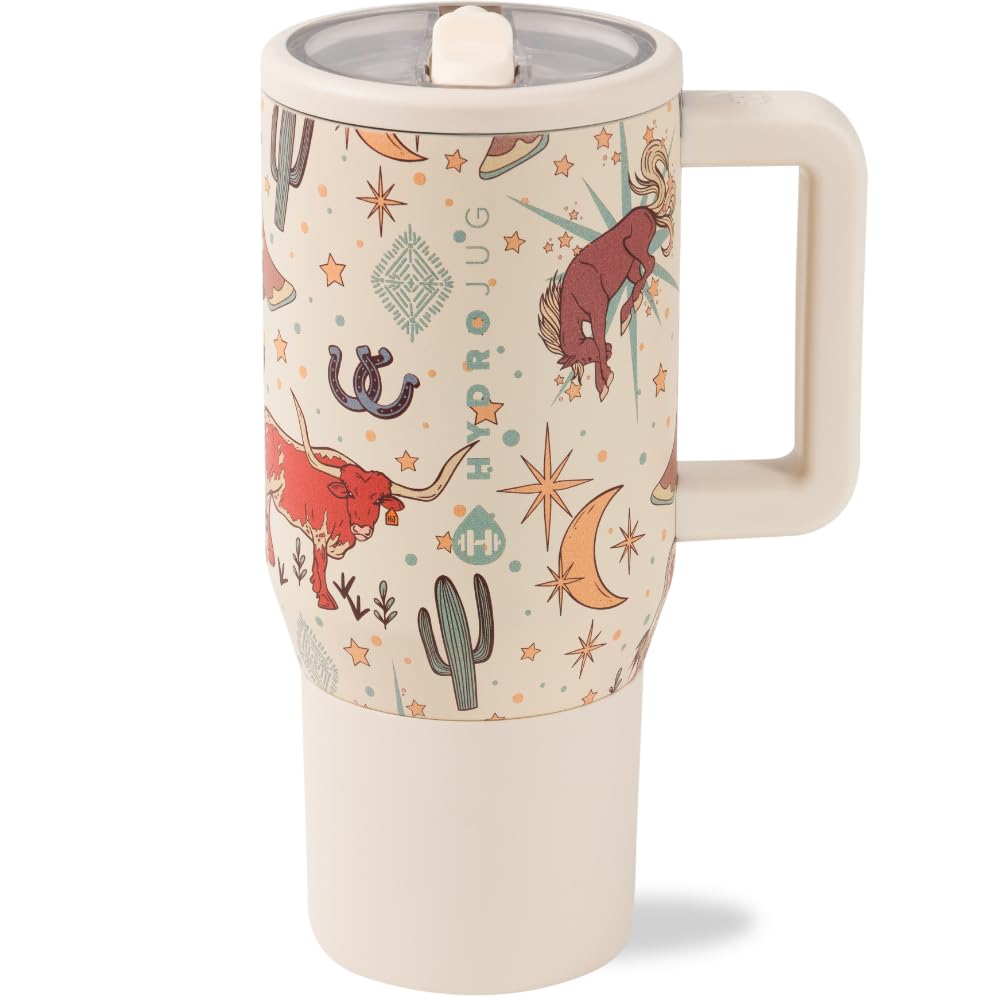 Travel mug with cowboy-themed design on a white background