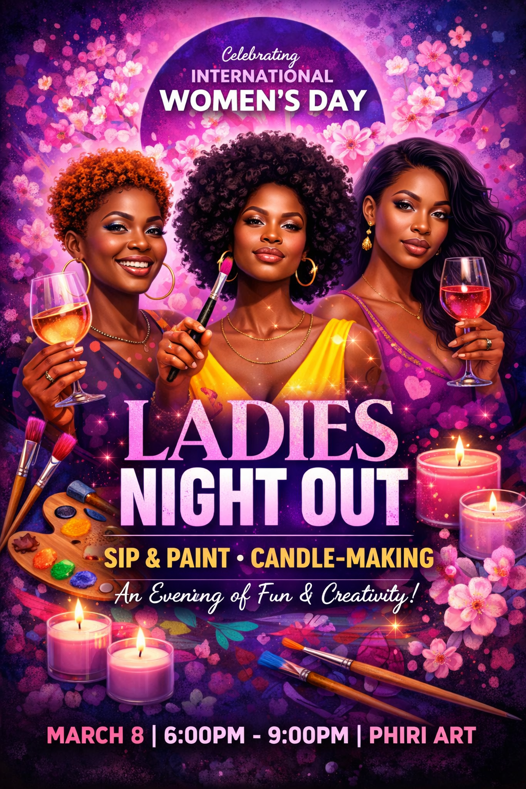 Promotional poster for a Ladies Night Out event celebrating International Women's Day, featuring three women with art supplies and drinks.