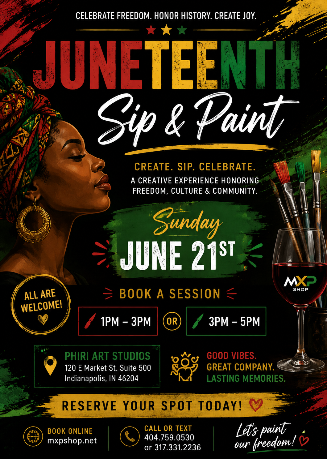 Juneteenth Sip & Paint event flyer with woman, wine glasses, and text.