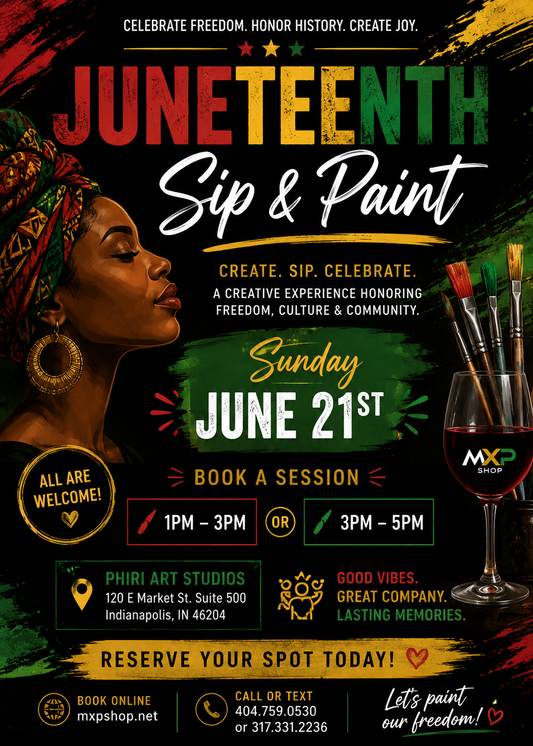 Juneteenth Sip & Paint event flyer with woman, wine glasses, and text.
