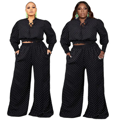 Polka Dot Tie Up Wide Leg Pants Two-Piece Set