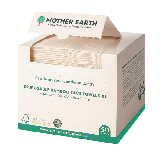 Box of disposable bamboo face towels with 'Mother Earth' branding on a white background