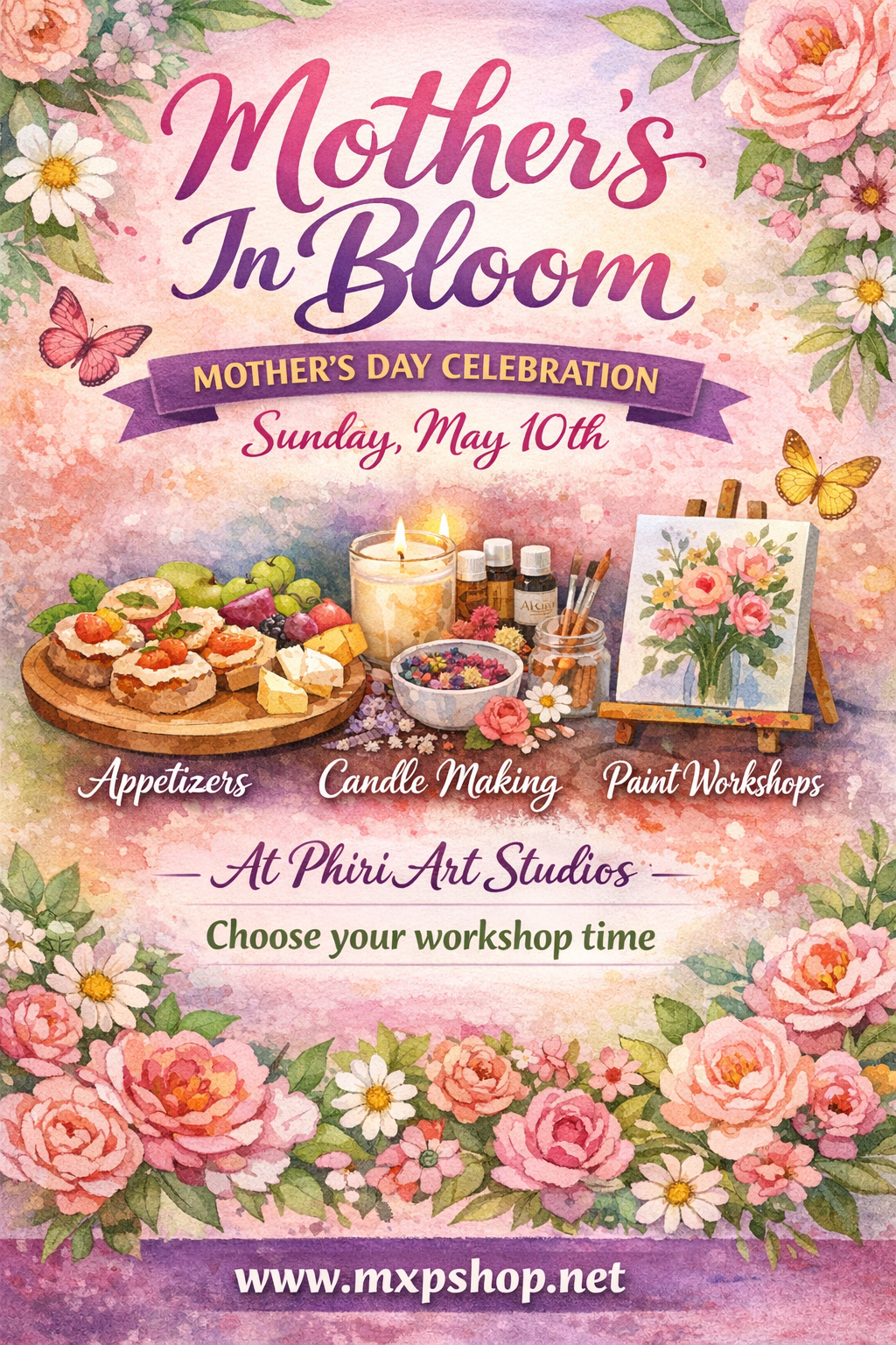 Promotional poster for Mother's Day celebration at Phiri Art Studios with flowers, food, and art supplies.