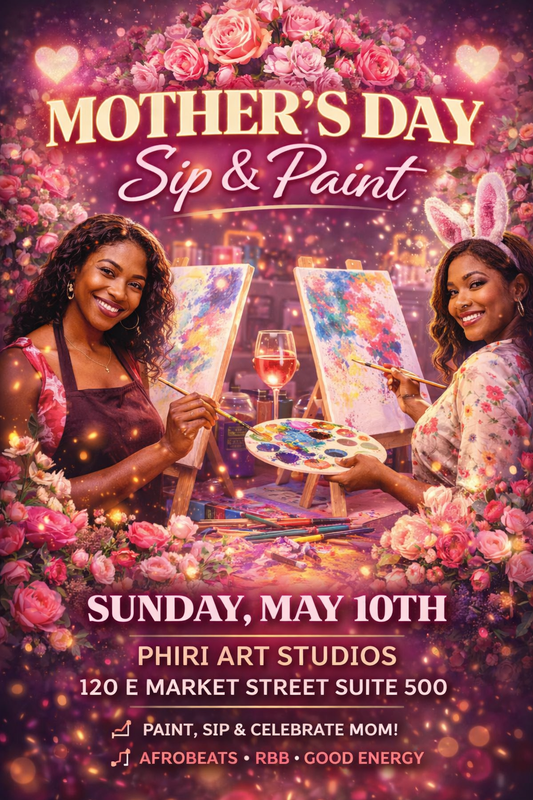 Promotional poster for Mother's Day Sip & Paint event with two women painting, surrounded by flowers and a cityscape.