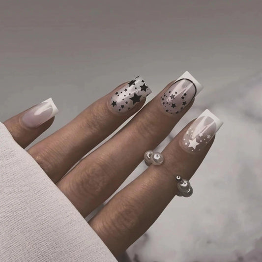 White Press on Nails Medium Square Fake Nails French Tip Glue ons Nails Star Nails 24Pcs Squoval Manicure False Nails