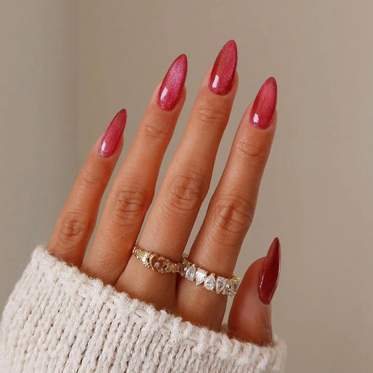 Medium Fake Nails Almond Press On Nails Glitter Rose Red Nails Press Ons Artificial False Nails With Glossy Designs Acrylic Nails Full Cover Stick On Nails Glitter Glue On Nails For Women