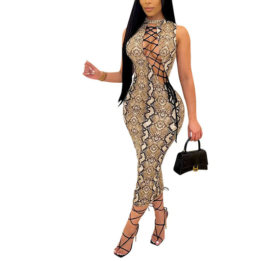 Printed Lace-up Cutout Women's Dress