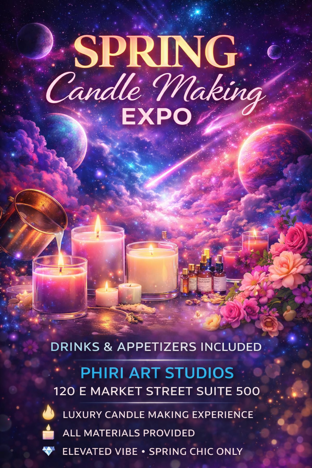 Promotional poster for Spring Candle Making Expo with candles and cosmic background