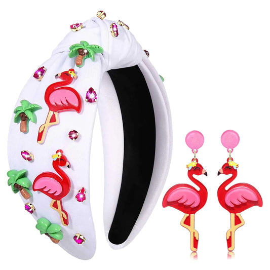 Jeweled Boho Knotted Rhinestone Crystal Wide Top Knot Headband for Women - Tropical Vacation Outfits Hair Accessory (Flamingo 1)