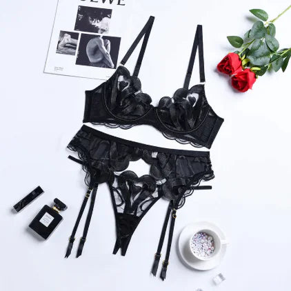 Black Mesh Embroidered Lingerie