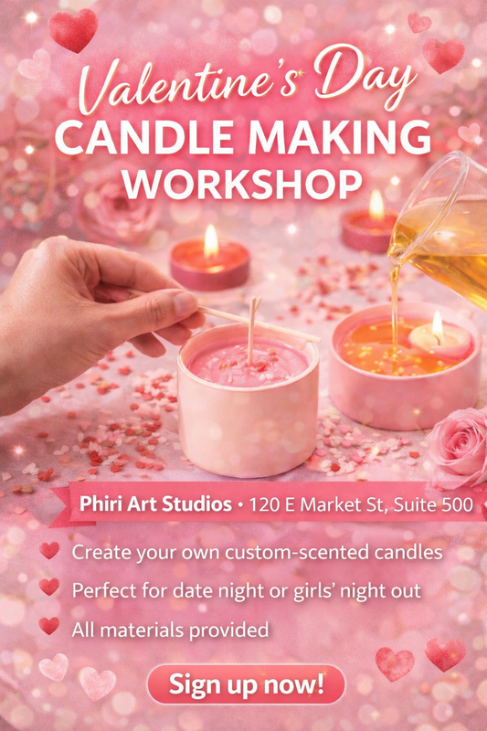 Advertisement for Valentine's Day candle making workshop with hands pouring wax into candles.
