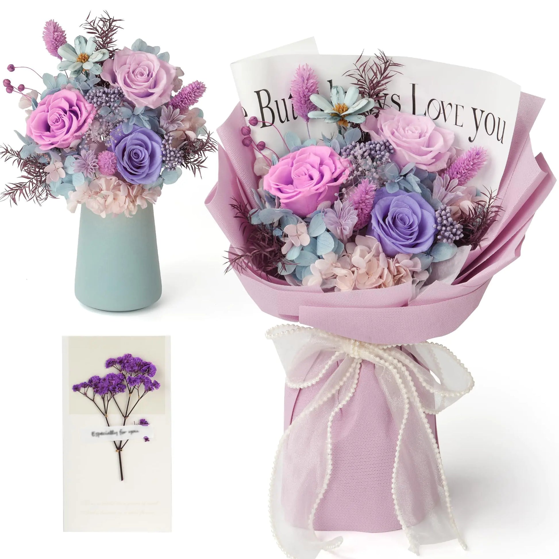 Bouquet of flowers with a card and a small plant illustration on a white background
