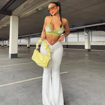 Women's Low-Waist Pleated Lace-Up Wide-Leg Pants