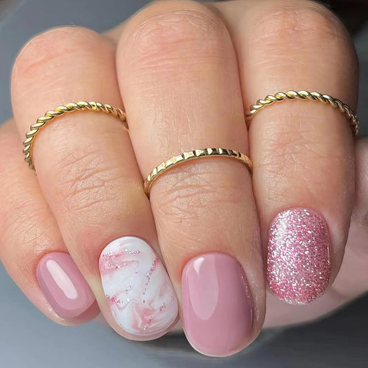 Pink Glitter Press on Nails Round Shaped Acrylic Nails Short Fake Nails with Halo Staining Design Short False Nails Artificial Nails for Women Stick on Nails with Glue on Static nails