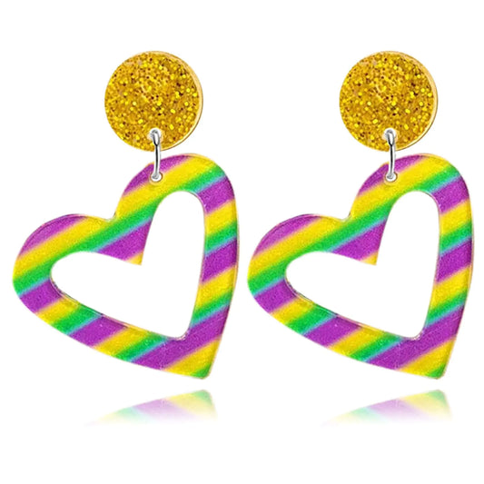 Mardi Gras Earring Colorful Acrylic Carnival Cosplay Party Earring Crown Carnival Mask Letter MARDI GRAS Dangle Earrings Funny Drop Earrings (Gold Heart)