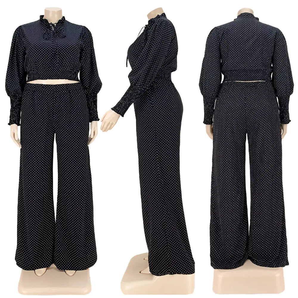 Polka Dot Tie Up Wide Leg Pants Two-Piece Set