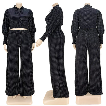 Polka Dot Tie Up Wide Leg Pants Two-Piece Set