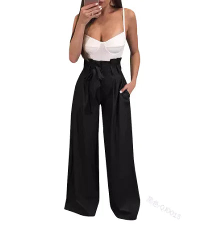 High-Waisted Lace-Up Casual Wide-Leg Pants (One Piece)