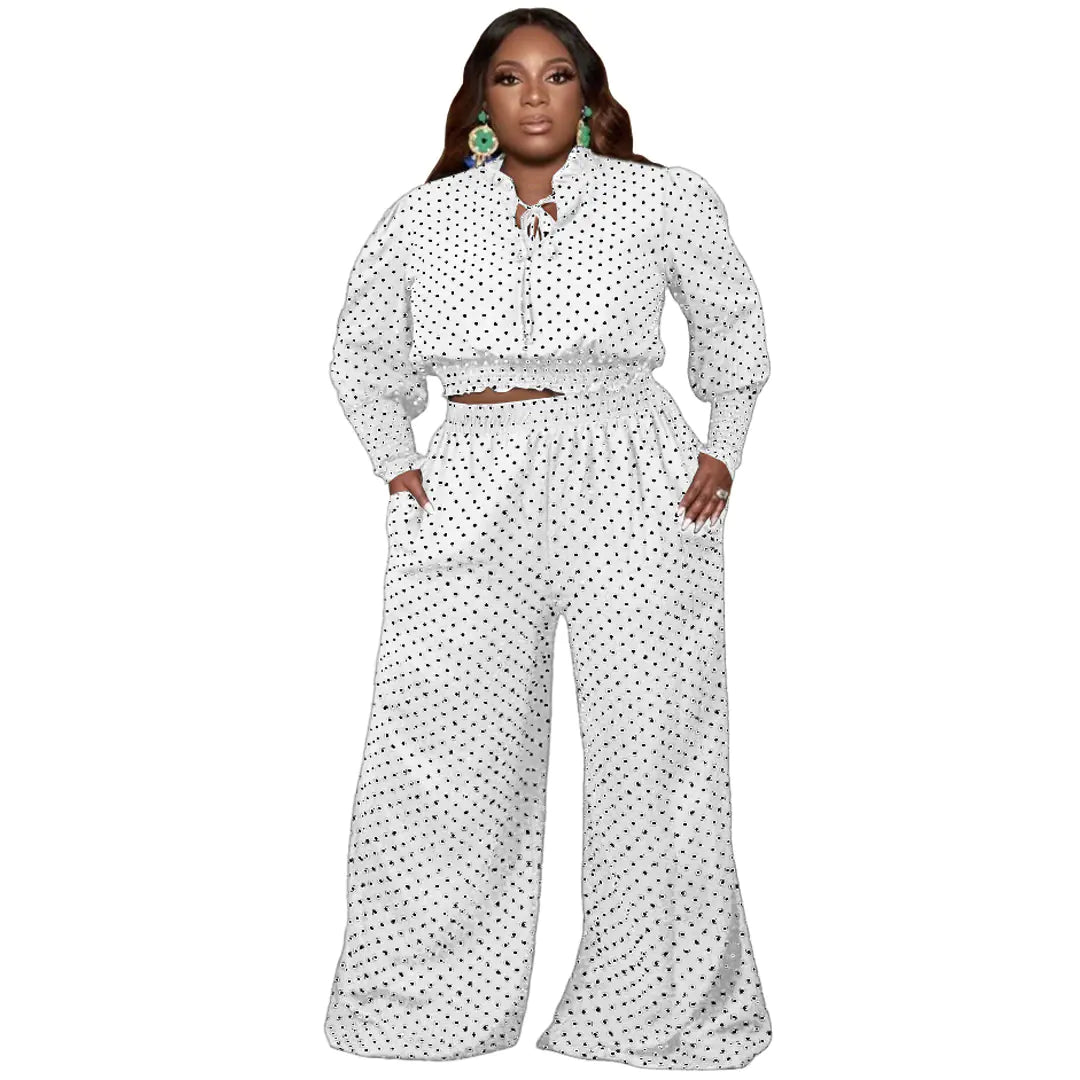 Polka Dot Tie Up Wide Leg Pants Two-Piece Set