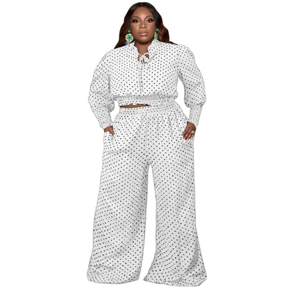 Polka Dot Tie Up Wide Leg Pants Two-Piece Set