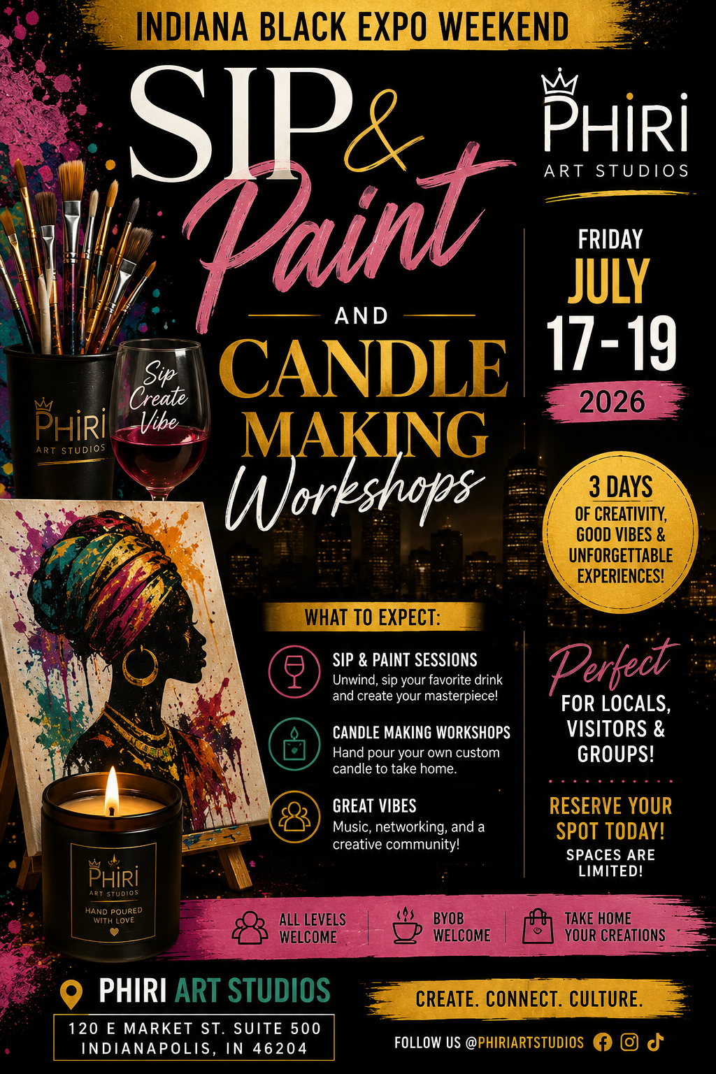 Celebrate Indiana Black Expo Weekend at Phiri Art Studios with Sip & Paint and Candle Making workshops, July 17–19. Create, connect, and enjoy a fun, creative experience in downtown Indianapolis.