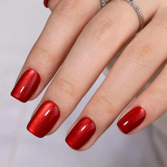 Red Short Square Press On Nails Glue On Nails Short Red Fake Nails with Cat Eye Press On Nails Designs Acrylic Nails Press On Gel False Nails Artificial Nails Stick On Nails for Women