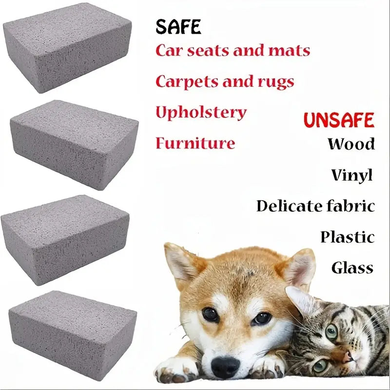 Gray blocks with a list of safe and unsafe materials for pets, featuring a dog and cat.