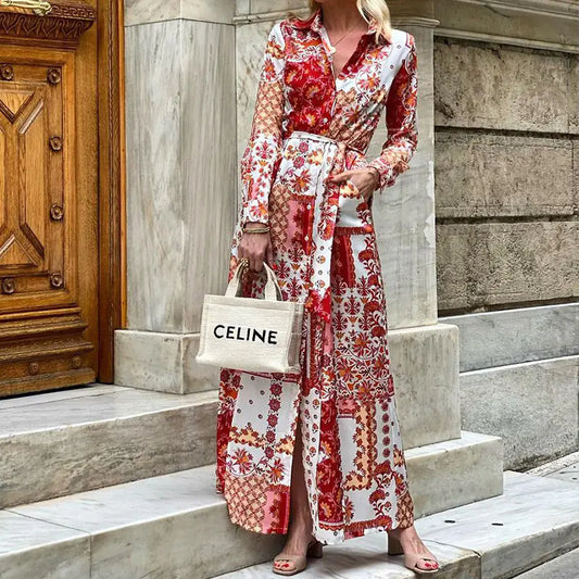 Fashionable Women's Printed Lace-up Long Dress