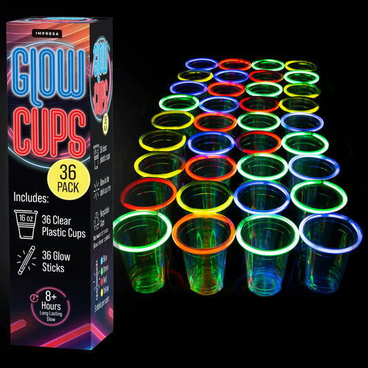 [36 Pack] Glow in the Dark Cups with Multi Color Neon Glow Sticks for Parties - Clear Plastic - Party Supplies and Party Favors - 16 oz