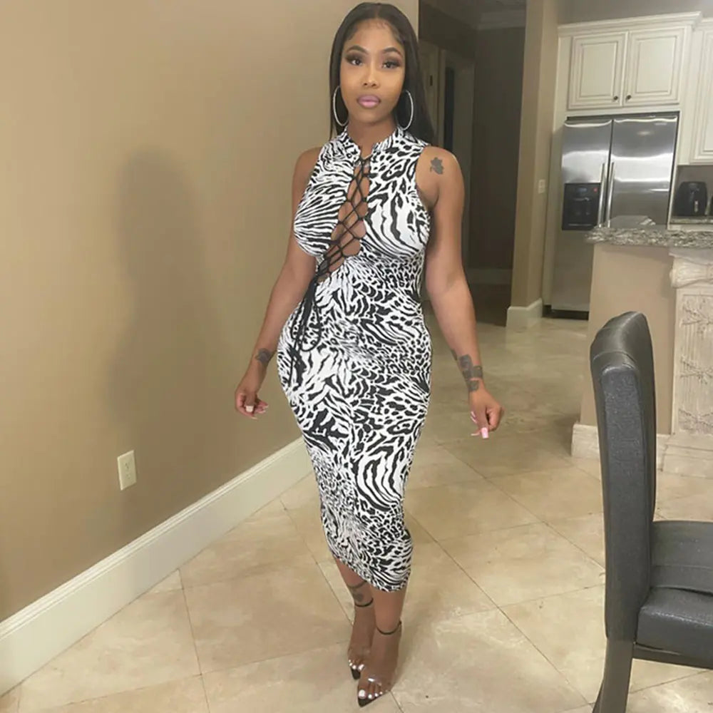 Printed Lace-up Cutout Women's Dress
