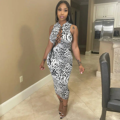Printed Lace-up Cutout Women's Dress