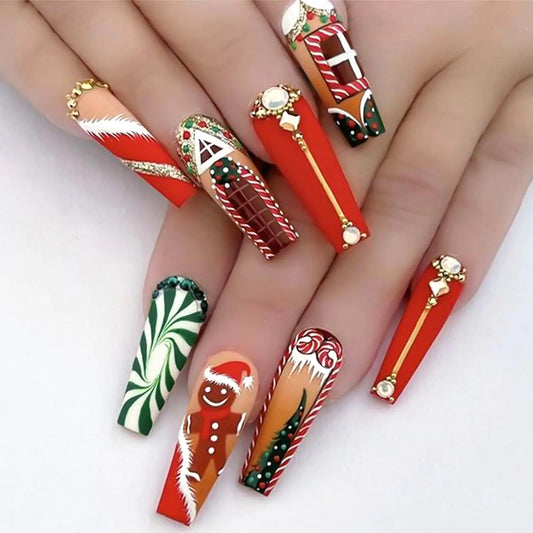 Christmas Press on Nails Long Coffin Fake Nails Red False Nails with Rhinestones Designs Christmas Nails Christmas Glue on Nails Christmas Artificial Nails Christmas Stick on Nails for Women