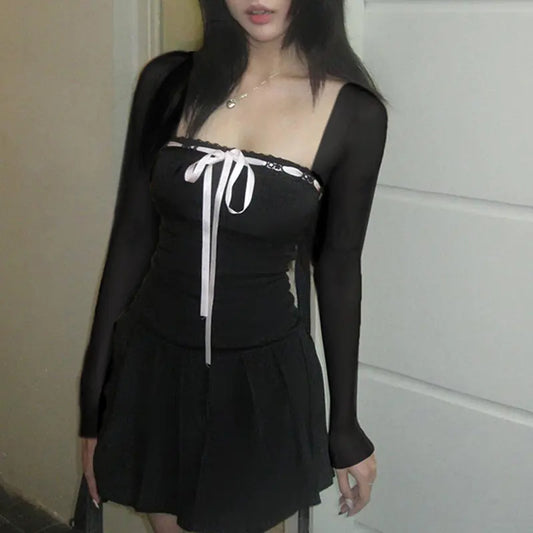Bow Lace Up Slim Fit Pleated Knitted Hip Skirt