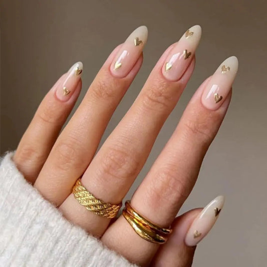 Heart Press on Nails Medium Almond Fake Nails Nude False Nails with Golden Heart Designs Nude Glue on Nails Heart Stick on Nails Cute Acrylic Nails Full Cover Glossy Artificial Nails