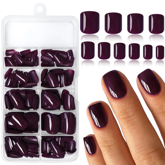 Black 240pc Square Press on Nails Short Fake Nails with Glue & Tabs Short Nails Press on Nails Square Acrylic Nails Grape False Nails Artificial Fingernail Women Girls Kids Stick Nails