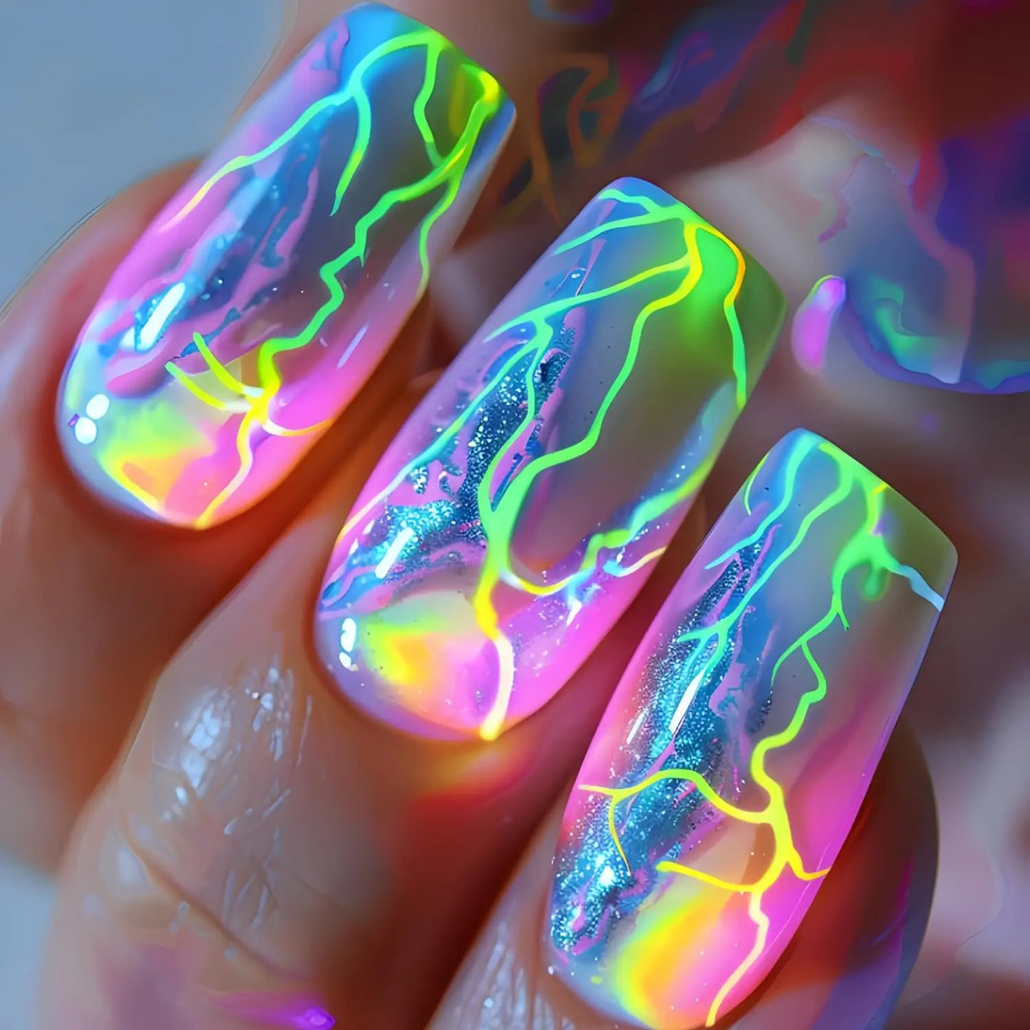 Press on Nails Medium Square Aurora Green Lightning Design False Nails Artificial Nails Full Cover Nails Acrylic Coffin Nails Reusable Glue on Nails DIY Stick on Nails for Women 24Pcs