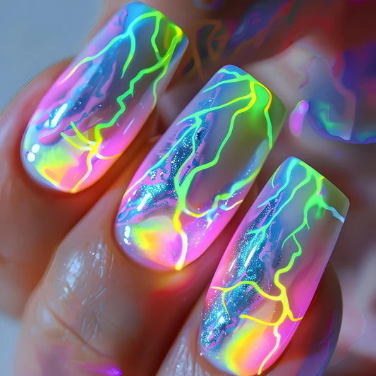 Press on Nails Medium Square Aurora Green Lightning Design False Nails Artificial Nails Full Cover Nails Acrylic Coffin Nails Reusable Glue on Nails DIY Stick on Nails for Women 24Pcs