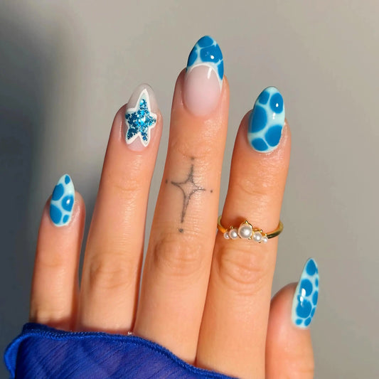 Blue Nails Press on Almond Medium Fake Nails Star Bling Glue on Nails French Tip Acrylic Nails 24Pcs Stiletto Stick on Nails Manicure False Nails